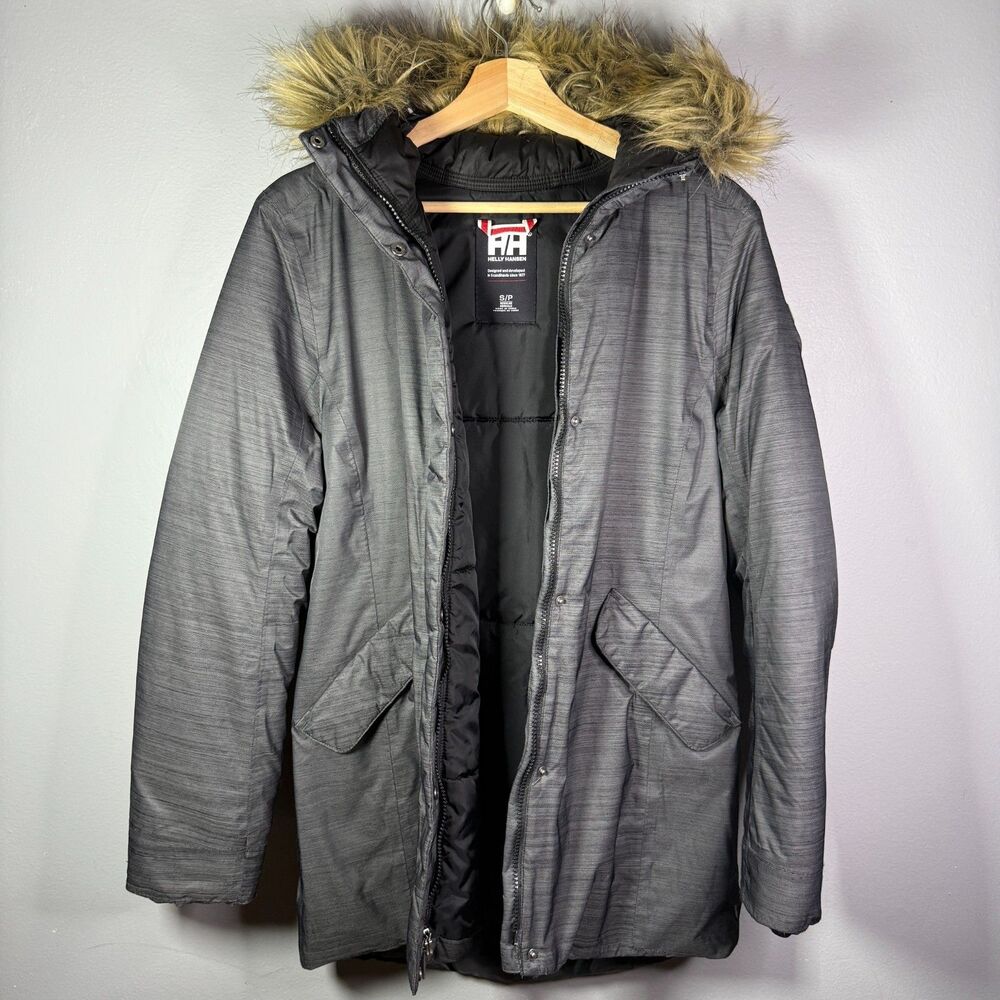 Helly Hansen Primaloft Parka Womens S Gray Faux Fur Hood Winter Coat Gorpcore